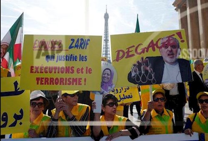 1NCRI supporters in France protesting a visit by Iranian regime Foreign Minister Mohammad Javad Zarif – Paris, France – August 23, 2019