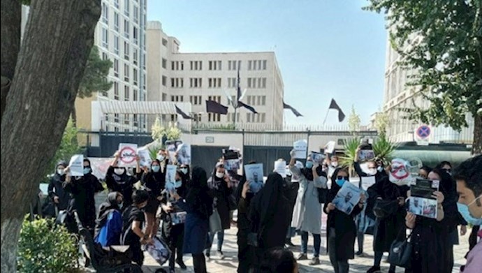 Nurses holding a rally outside the regime’s Majlis (parliament) in Tehran, Iran—October 4, 2020
