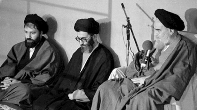 Ali Khamenei (center), Ruhollah Khomeini (right), and Khomeini’s son Ahmad (left) 