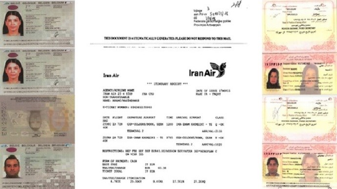 Belgian citizenship passports of Naami and Saadouni and their Iranian passport issued by regime’s embassy in Brussels, and Naami’s Iran Air ticket for Tehran. 