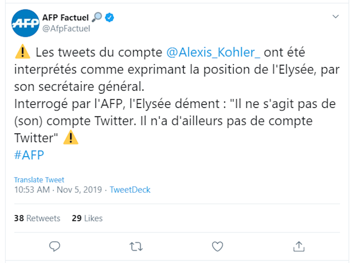Tweet of AFP regarding the fake account of Alexis Kohler, Secretary-General of the office of French President Emmanuel Macron in Elysée.