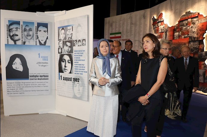NCRI’s Maryam Rajavi accompanied by Ms. Ingrid Betancourt visit the exhibition of the Iranian people’s 120 years of struggle for freedom in Ashraf 3, MEK camp in Albania – July 12, 2019