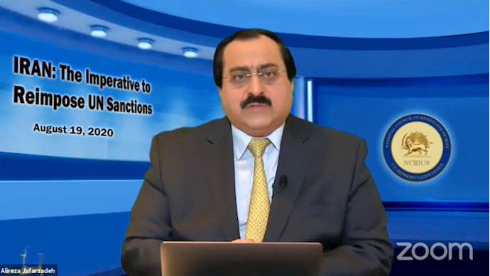 Alireza Jafarzadeh, Deputy Director of the NCRI US Representative Office, speaking at the Iranian opposition NCRI webinar discussing the imperative to reimpose UN sanctions on the mullahs’ regime ruling Iran—August 19, 2020