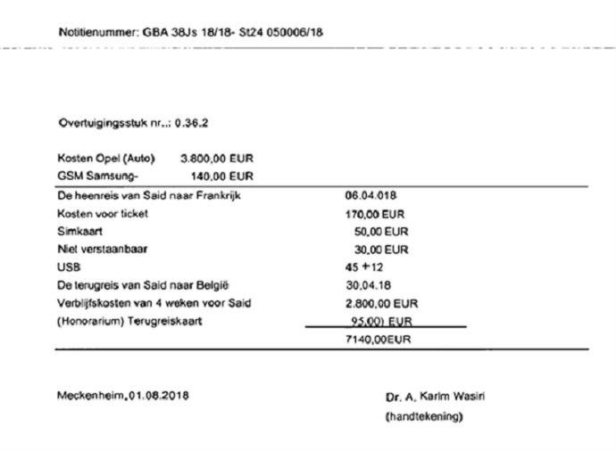 Dutch translation of Assadi’s of costs he paid for Amir Saadouni, the main operator of the bomb attack.