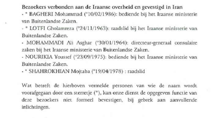 A document from the Belgian intelligence agency – list of Assadi’s visitors from Tehran – their function in the regime’s Foreign Ministry remains unknown for Belgium.