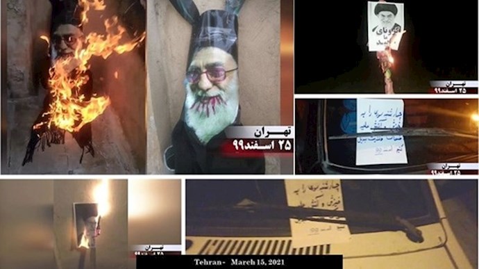 Iranian people burn effigies and placards of Khamenei on Charshanbe Suri
