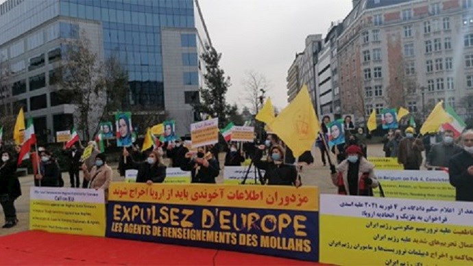  'Iranians rally in Schuman square of Brussels to call on the EU to break the silence regarding Iran’s state sponsor of terrorism – February 22, 2021.'